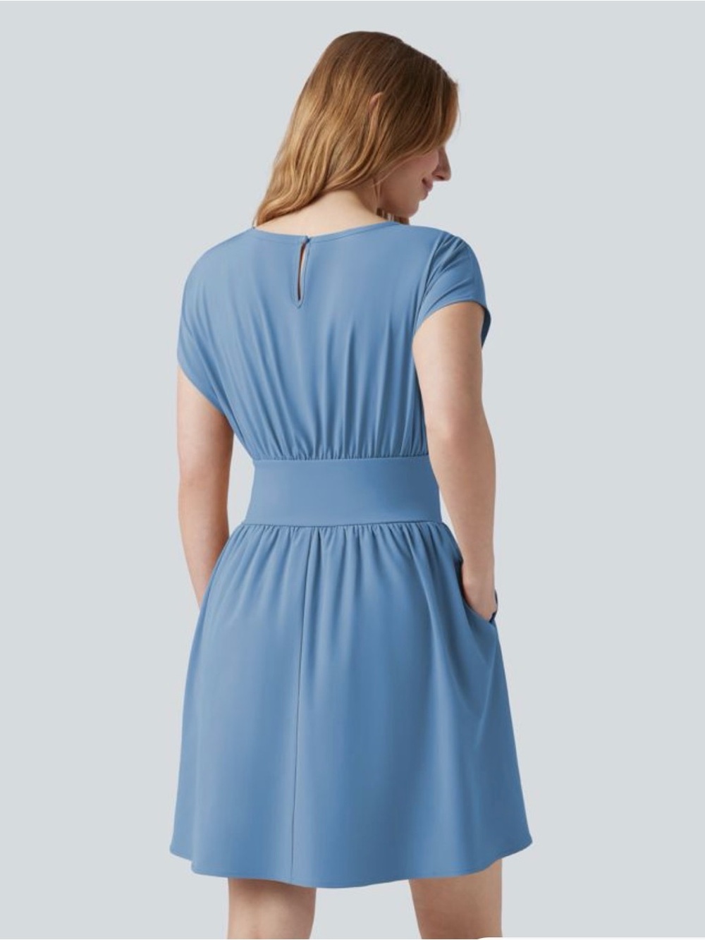 Halara Breezeful™ Batwing Short Sleeve Flowy Quick Dry Mini Blue Lined Dress Med - Picture 2 of 5